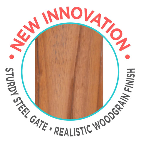 Close-up of woodgrain finish on woodgrain steel baby gate with auto close for doorways, adjustable