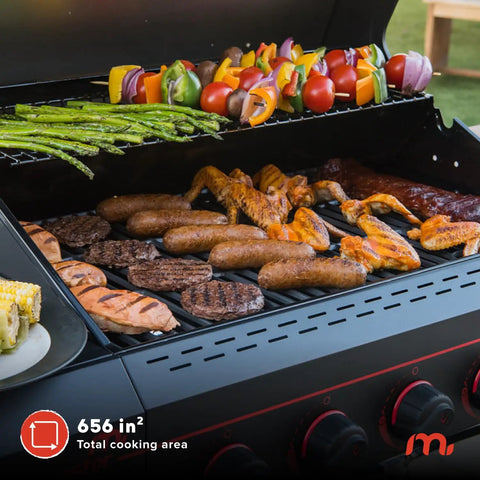 5-Burner Propane Gas Grill With Side Tables And Accessory Hooks, 50,000 BTUs, 656 Sq In Cooking Space, grilling assorted meats