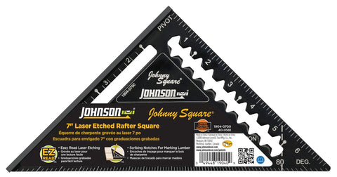 Johnny Square 7 Inch Aluminum Rafter Square With EZ Read Finish Pro Framing Tool showing engraved measurements and branding