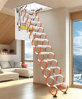 Heavy Hitter Electric Telescoping Attic Ladder Pull Down Folding Loft Stair showing non-slip treads and carbon steel frame design.