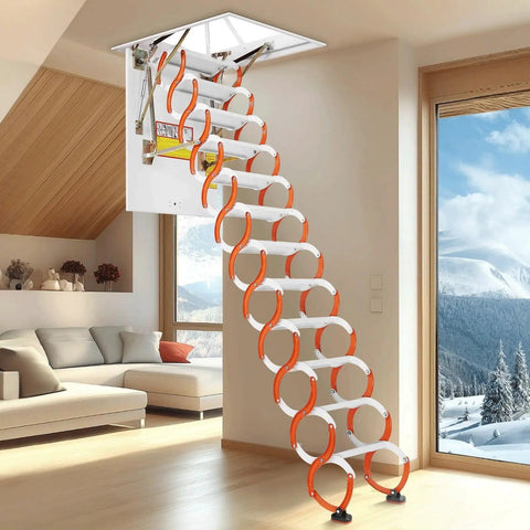 Heavy Hitter Electric Telescoping Attic Ladder Pull Down Folding Loft Stair showing non-slip treads and carbon steel frame design.