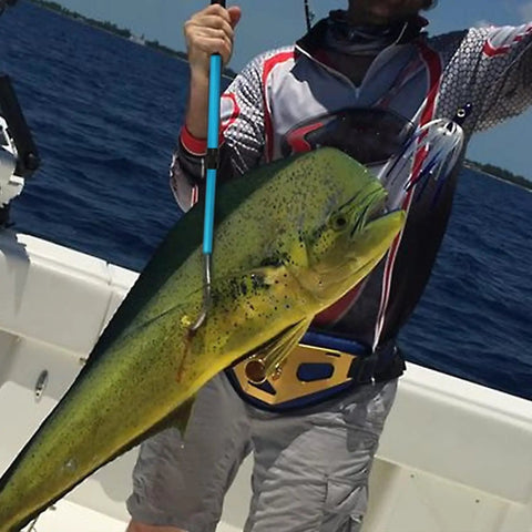 Telescopic Gaff For Saltwater Fishing With Stainless Steel Hook Spear Tip Aluminum Alloy Pole And Soft Rubber Handle Offshore Tackle Tool For Heavy Duty Catch demonstrating a large fish catch on a boat.