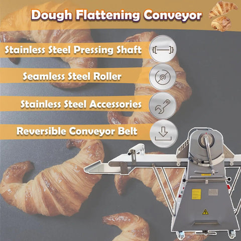 Heavy-Duty 20 Inch Dough Sheeter Machine With Reversible Roller And Adjustable Thickness Control From One To Fifty Millimeters, showing stainless steel features and croissants.