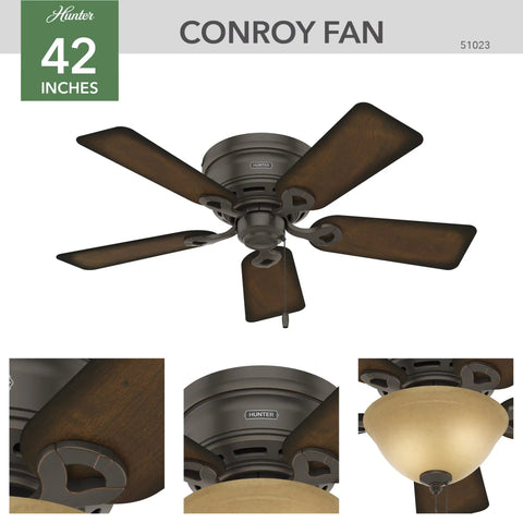 Conroy Onyx Bengal 42 Inch Low Profile Ceiling Fan With LED Light Kit And Pull Chain, Whisper Quiet Multi Speed Reversible Motor