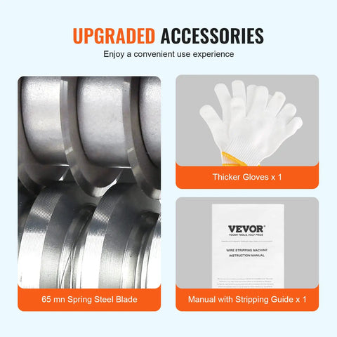 Upgraded accessories for Beast Mode Automatic Electric Wire Stripping Machine With 370W Motor, showing blades, gloves, and manual.
