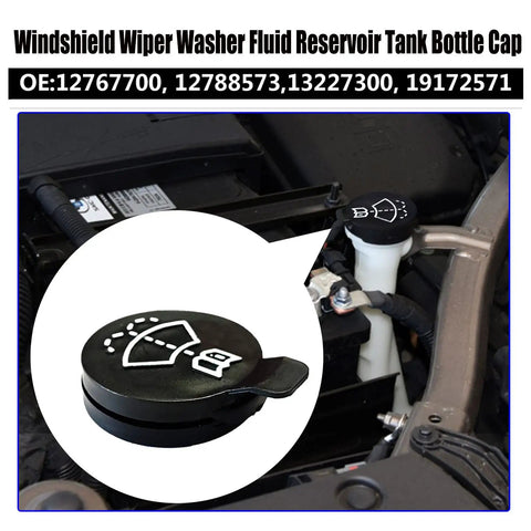 Windshield Washer Fluid Reservoir Cap Replacement For GMC Chevrolet Buick Cadillac Direct Fit Easy Install No Tools Needed OEM Numbers 12767700 13227300 12788573 19172571 Cap, shown installed on vehicle.
