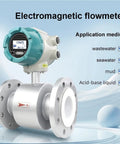Badass Heavy Duty Electromagnetic Water Flow Meter Sensor With Reliable Performance Built Tough For Nasty Industrial Sludge RV Lines And Gritty Pipes Dn50 Metric Standard on a white background with application details.