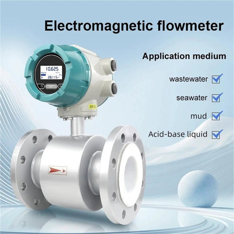 Badass Heavy Duty Electromagnetic Water Flow Meter Sensor With Reliable Performance Built Tough For Nasty Industrial Sludge RV Lines And Gritty Pipes Dn50 Metric Standard on a white background with application details.