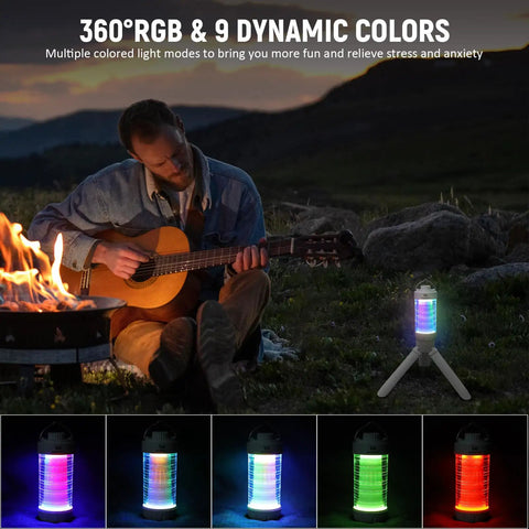 Rechargeable Camping Lantern With RGB Light 550LM Brightness Waterproof Tent Light in use near campfire with guitarist