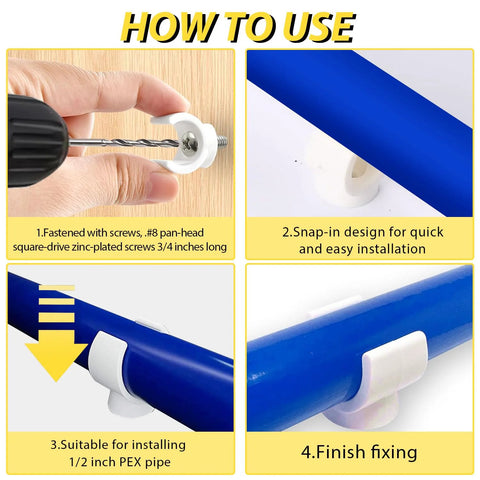 White plastic 1/2-inch PEX pipe clip with screw; snap-in hanger securing tubing on a blue PEX pipe.
