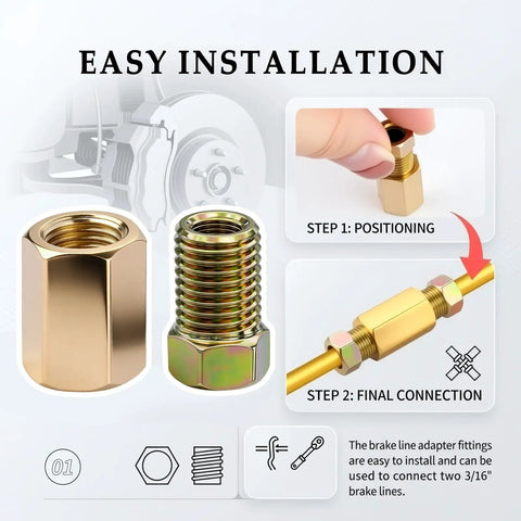 24 Piece 3/16 Brake Line Fittings Kit With 3/8-24 Threads, Inverted And Double Flare Unions And Nuts, 8 Unions And 16 Nuts, Essential Brake Line Repair Set For Flare Fittings, Heavy Duty Auto Grade DIY Gear showing brass 3/16 brake line union and nut installation