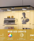 Five Shelf Glass Display Cabinet With Locking Door And Remote LED Lights showcasing upper section with LED lights and decorative items.