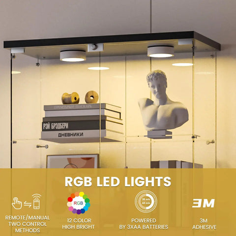Five Shelf Glass Display Cabinet With Locking Door And Remote LED Lights showcasing upper section with LED lights and decorative items.