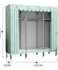 Roomy Portable Canvas Wardrobe Big Time Clothes Closet With Sturdy Hanging Rail And Plentiful Shelves For No Sweat Bedroom Organization Plus Zippered Heavy Duty Fabric Cover, mint green with dimensions.