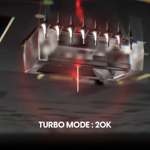 Featherlight Mini Wireless Gaming Mouse With CrazyLight 39g Build And Lightning Fast Wireless Response For Clutch Gameplay And Snagging Those Winning Vibes On Your Next Match Featuring Bruce Lee showing Turbo Mode settings and optical sensor.