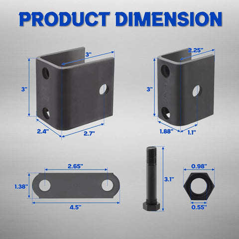 Dimensions of components in Trailer Leaf Spring Hanger Kit For One And Three Quarters Inch Springs, Single Axle, 2000 To 7000 Lbs