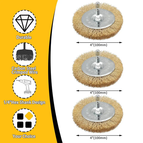 3 Pack Brass Coated Wire Wheel Brush Kit For Drill With 1/4 Inch Shank, Crimped Cup Brush, 0.13mm Brass Wire, displayed on yellow background