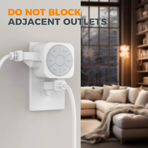 Indoor Electrical Outlet Timer 2 Pack Push Button Countdown Switch Six Preset Modes Daily Repeat Schedule No Sweat Set It Forget It Ease For Home Appliances And Lighting plugged into wall with cords.
