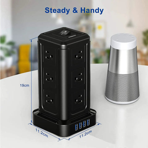 12 Outlet Surge Protector Power Strip With 4 USB Ports And A 10 Foot Cord, Fireproof Overload Protection next to speaker