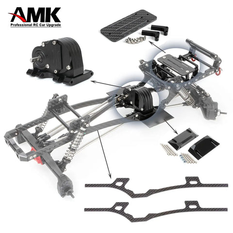 Diagram showing components of Carbon Fiber Battery Tray For One Tenth SCX10 RC Crawler Cheater Rigs With ESC Receiver Mount.