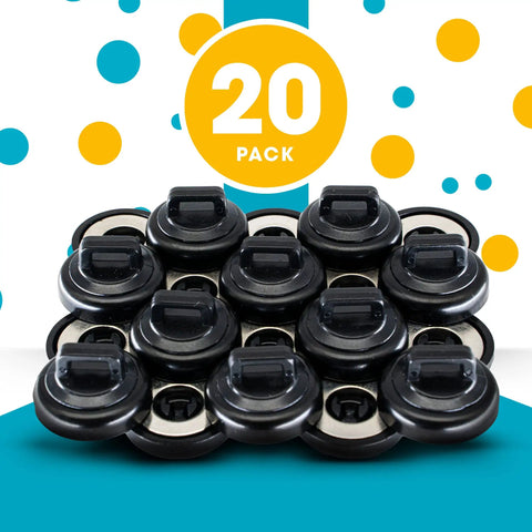 20-pack of black magnetic cable zip tie mounts stacked with colorful background for easy cable management on metal surfaces