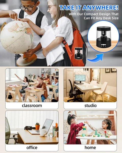 Must Have Electric Pencil Sharpener for Home and School Powered by USB or AA Batteries, Adjustable 6 to 8 Mm Blades, Sleek Black, Fast Sharpening, Mess Reducing, Portable and Easy to Use for Kids and Adults. Compact black electric pencil sharpener shown for classroom, studio, office, and home use