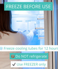 Instructions on freezing cooling tubes for Portable 22oz Stainless Steel Breast Milk Cooler Bottle in a refrigerator.