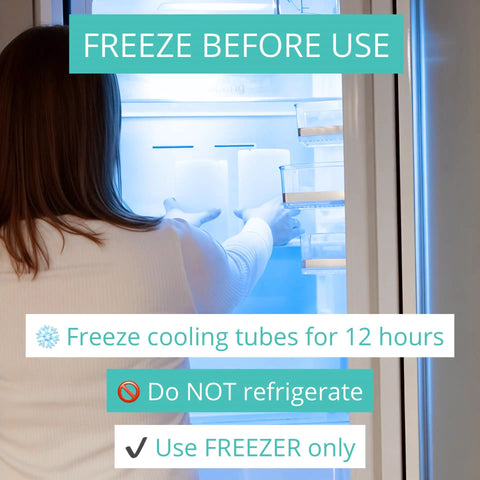 Instructions on freezing cooling tubes for Portable 22oz Stainless Steel Breast Milk Cooler Bottle in a refrigerator.