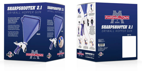 Top Shelf 2 Gallon Hopper Gun Paint Sprayer Featuring Slick Adjustable Nozzle And Quick 45 Degree Angle Adapter Soft Grip Trigger Smooth Flat Texturing For Drywall And Interior Floors packaging display with features and usage instructions.