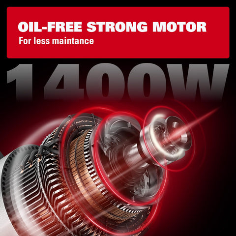 Image of a 1400W oil-free strong motor for 6 Gallon Pancake Air Compressor 150 PSI Portable Oil Free With 10 Piece Accessory Kit For Home, Garage, And DIY Projects.