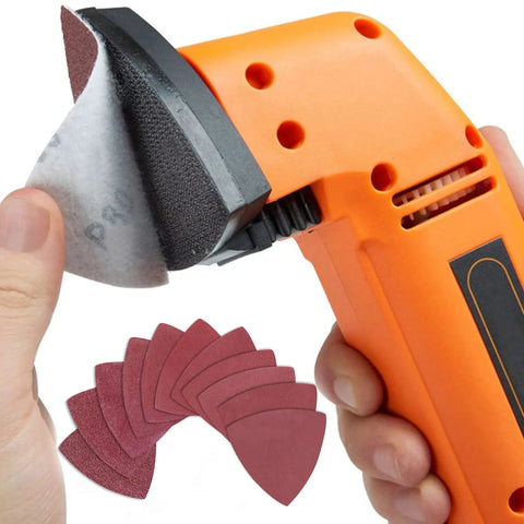 Triangle Sanding Pads Set For 3-1/8 Inch Oscillating Multi Tools, 100 Pcs shown installed and unused with hook and loop backing.