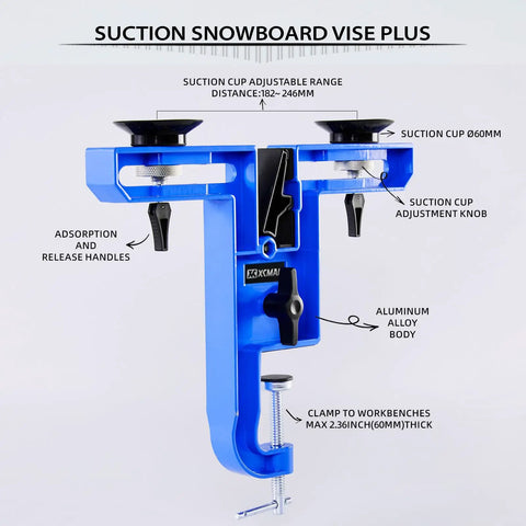 Heavy Duty Ski And Snowboard Vise With Suction Cup For Tuning And Waxing, All Metal Aluminum 2 Piece Design on tabletop