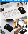 Ergonomic Mouse Pad With Wrist Rest For All Day Comfort, Slope Design Memory Foam Support next to keyboard on desk.