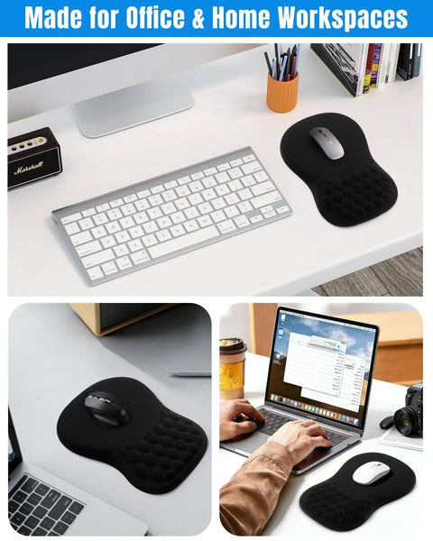 Ergonomic Mouse Pad With Wrist Rest For All Day Comfort, Slope Design Memory Foam Support next to keyboard on desk.