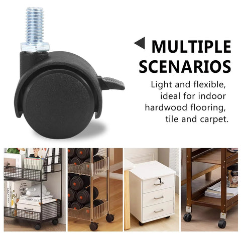 1 Inch Black Nylon Stem Casters Set Of 4, M8 Threaded Replacement Wheels, 360 Degree Swivel With 30mm Diameter shown on furniture