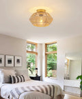 Cozy Boho Rattan Ceiling Light With Handwoven Cage Shade 12.6 Inch Coastal Semi Flush Mount in bedroom with gold finish
