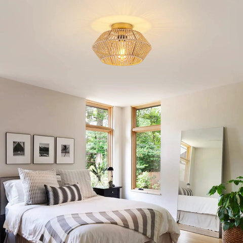 Cozy Boho Rattan Ceiling Light With Handwoven Cage Shade 12.6 Inch Coastal Semi Flush Mount in bedroom with gold finish