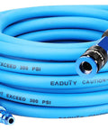 Hybrid Air Compressor Hose Quarter Inch By 25 Feet Built Tough Yet Super Lightweight Flexible Tubing With Aluminum Quick Coupler Universal Push Lock Industrial Plug Blue coiled with fittings visible.
