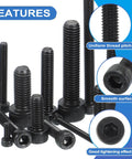 Heavy Duty M5 X 60mm Hex Socket Head Cap Screws With Hex Key Wrench Black Oxide Carbon Steel Fasteners For Auto Restoration And Workshop Builds Rock Solid Hold 20 Piece Set displayed with various lengths and hex ends, showcasing uniform thread.