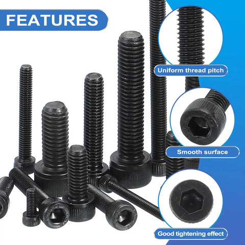 Heavy Duty M5 X 60mm Hex Socket Head Cap Screws With Hex Key Wrench Black Oxide Carbon Steel Fasteners For Auto Restoration And Workshop Builds Rock Solid Hold 20 Piece Set displayed with various lengths and hex ends, showcasing uniform thread.