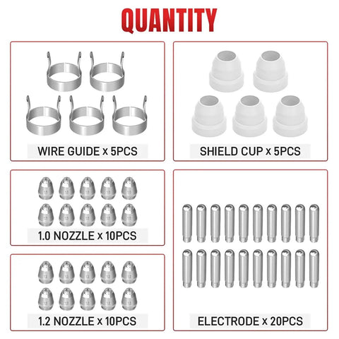 Top Grade 50 Pcs Ag60 Plasma Cutter Consumables Kit With Heavy Duty Electrode Nozzles and Tips displayed with wire guides, shield cups, and nozzles.