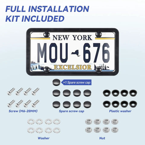 Two Pack License Plate Cover And Frame Set Built From Heavy Duty ABS For All Weather Use with screws and caps displayed