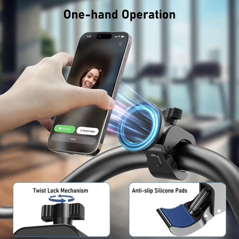 Hand using Ultra Strong Magnetic Phone Holder Clamp Mount on handlebar, showing twist lock and anti-slip pads, for MagSafe iPhone.