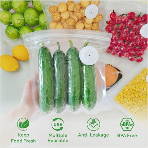 30 Pack Vacuum Sealer Bags 8.5x8.5 Inches, BPA Free Reusable Sous Vide Bags For Microwave Heating, displaying sealed cucumbers.