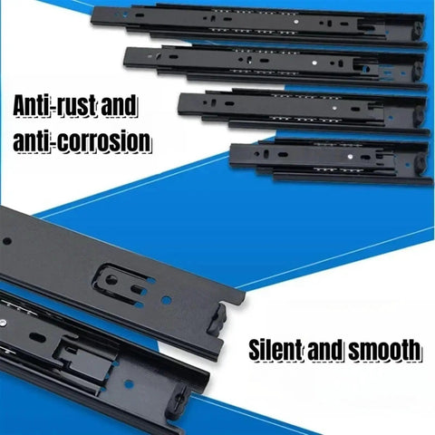 Silent Hydraulic Drawer Slides With Cold Rolled Steel, 14-Inch Three-Section Runners shown with anti-rust labels