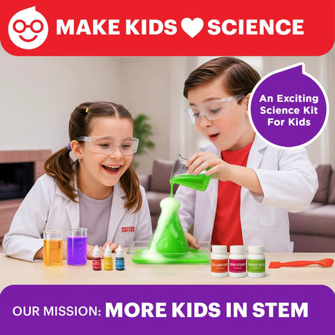 Children using Hands On Science Kit For Kids Aged 4 To 8 With 100 Plus Experiments, wearing goggles, conducting experiment.