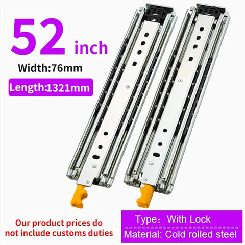 Slick Heavy Duty Telescopic Drawer Slides One Pair Full Extension Cabinet Hardware Seventy Six Millimeter Wide Three Section Rig Thirty Seven Inch Travel Lock For Kitchen Cupboard Setup, showing two steel drawer slides with lock.