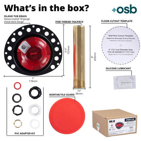 Contents of Two Piece PVC Freestanding Tub Drain Kit With Rough In, including deck flange, tailpiece, and adapter kit.