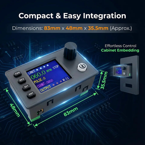 Ransanx stepper motor controller, DC 12–24V, 83mm x 48mm x 35.5mm, front view with LCD and knob, Modbus