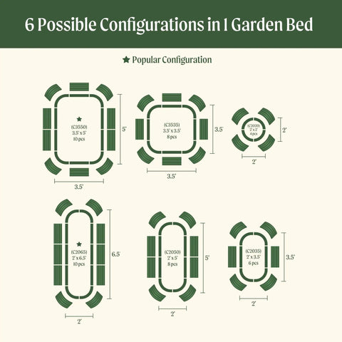 Diagram showing 6 configurations of Olive Green 17 Inch Tall 6 In 1 Modular Metal Raised Garden Bed Kit For Vegetables And Flowers